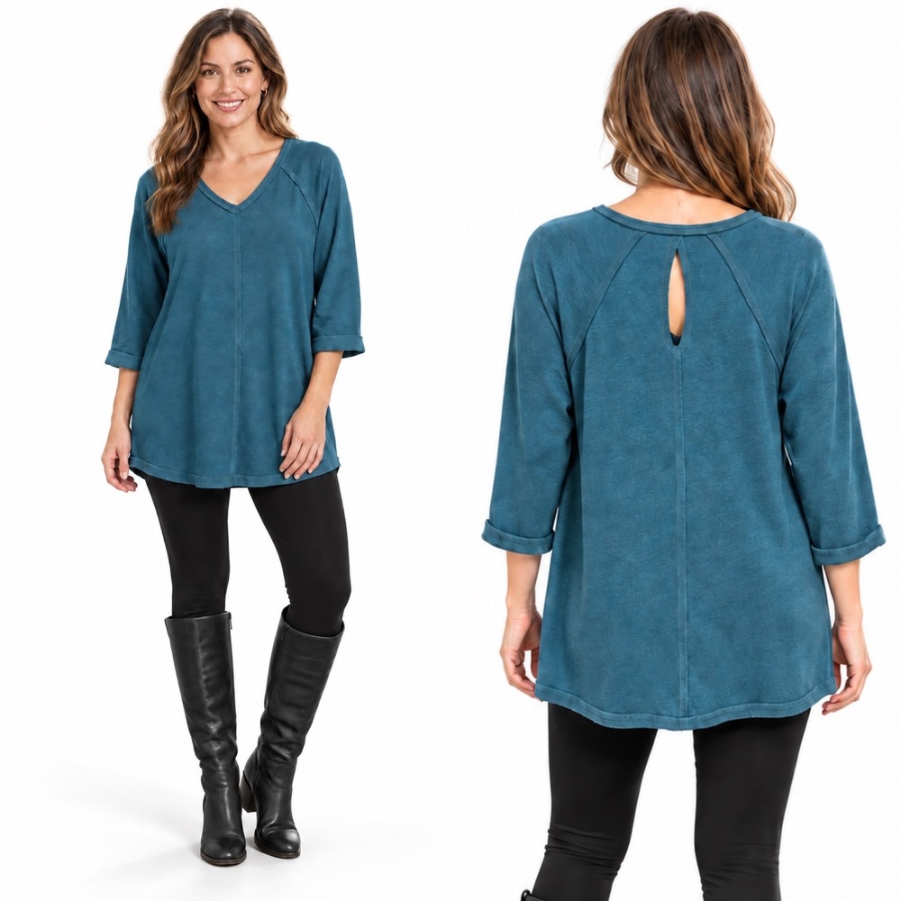 Soft Surroundings Top M Teal Blue V-Neck Key Hole Back French Terry Raw Edge